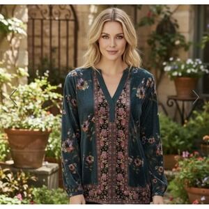 Tolani Jane Velvet Wisteria Top Blouse Blue V Neck Sz M Boho Festival Dark Fairy